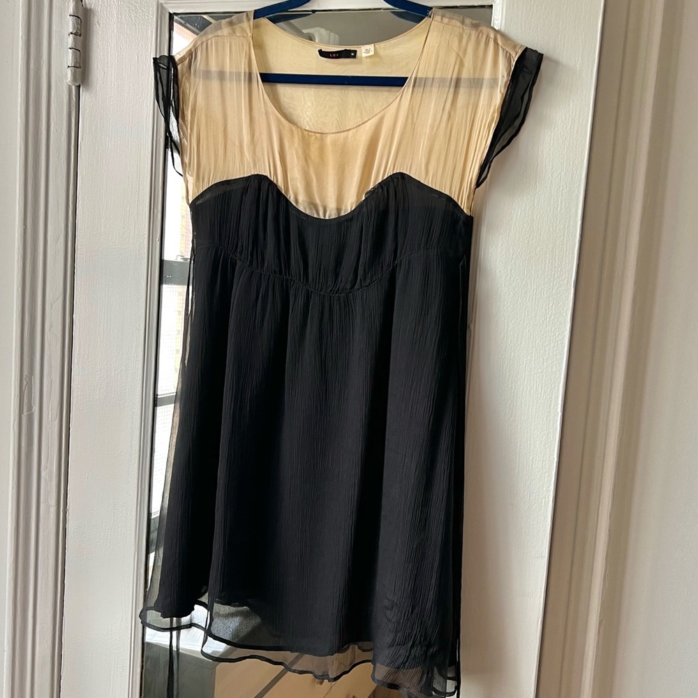 Lux Black Tan Silk Mini Babydoll Dress Tie Waist Sheer Top Sz. M